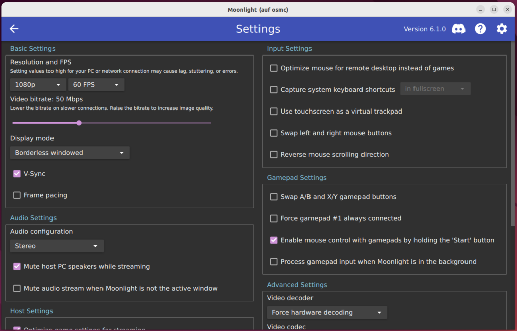 Moonlight-QT Config Oberfläche auf dem RaspberryPi gestartet