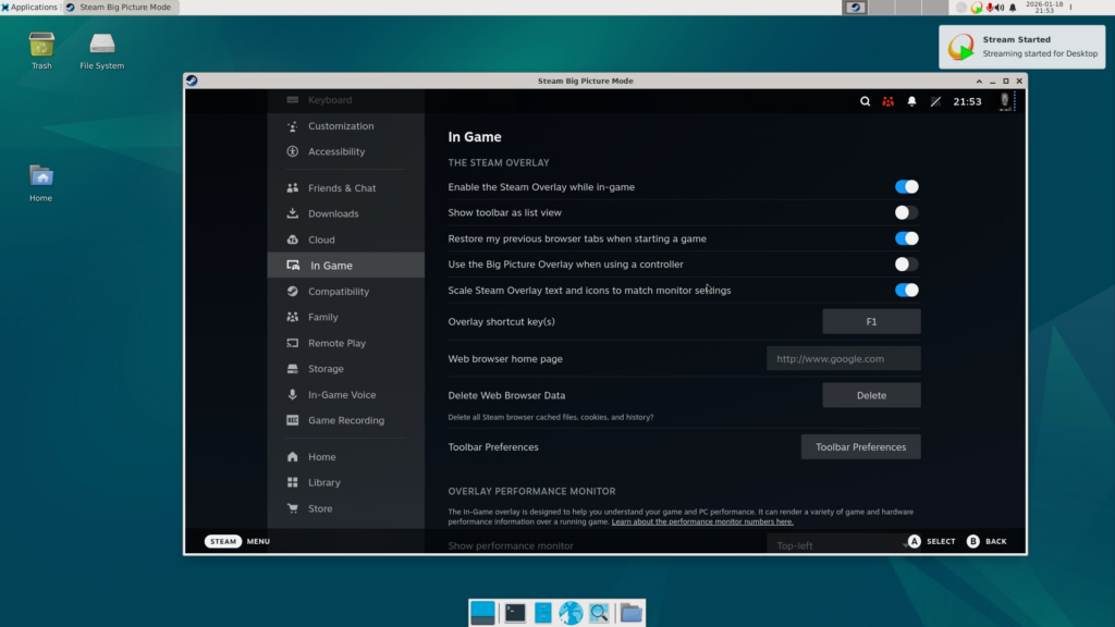 Gestreamter Desktop vom Streaming Server angezeigt auf dem Client durch Moonlight Verbindung zu Sunshine