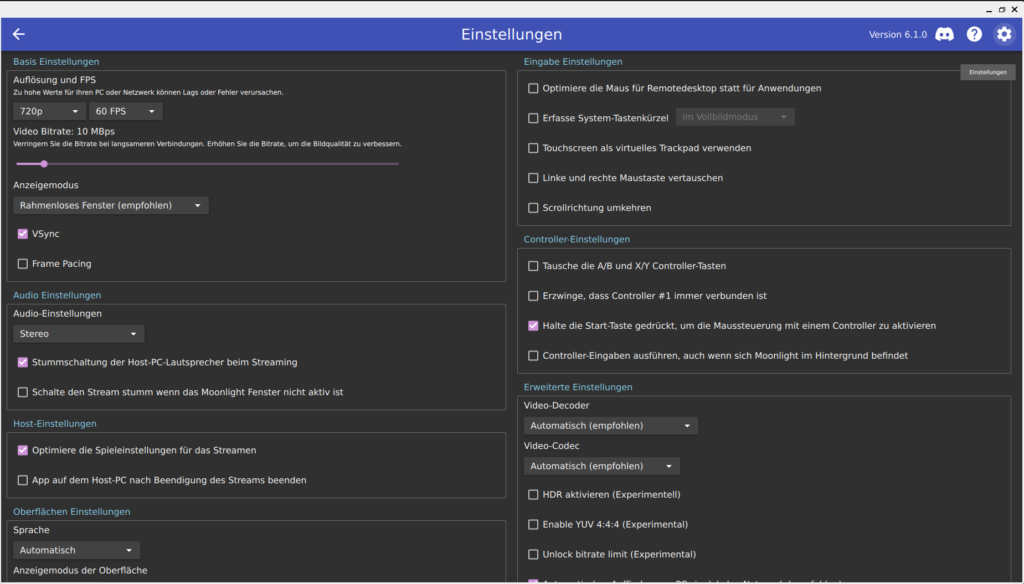 Config Menü von Moonlight client