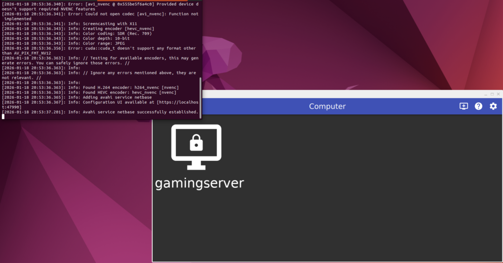 Start von Sunshine in der der Console und Start von Moonlight auf dem Client
