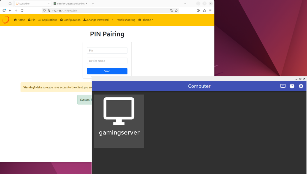 Erfolgreiche Authentifizierung eines neuen Moonlight Gerätes in der Sunshine Web Oberfläche