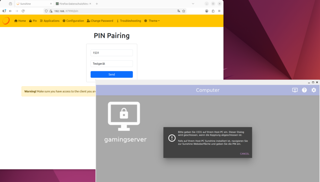 Sunshine Web Authentifizierung eines neuen Moonlight Gerätes